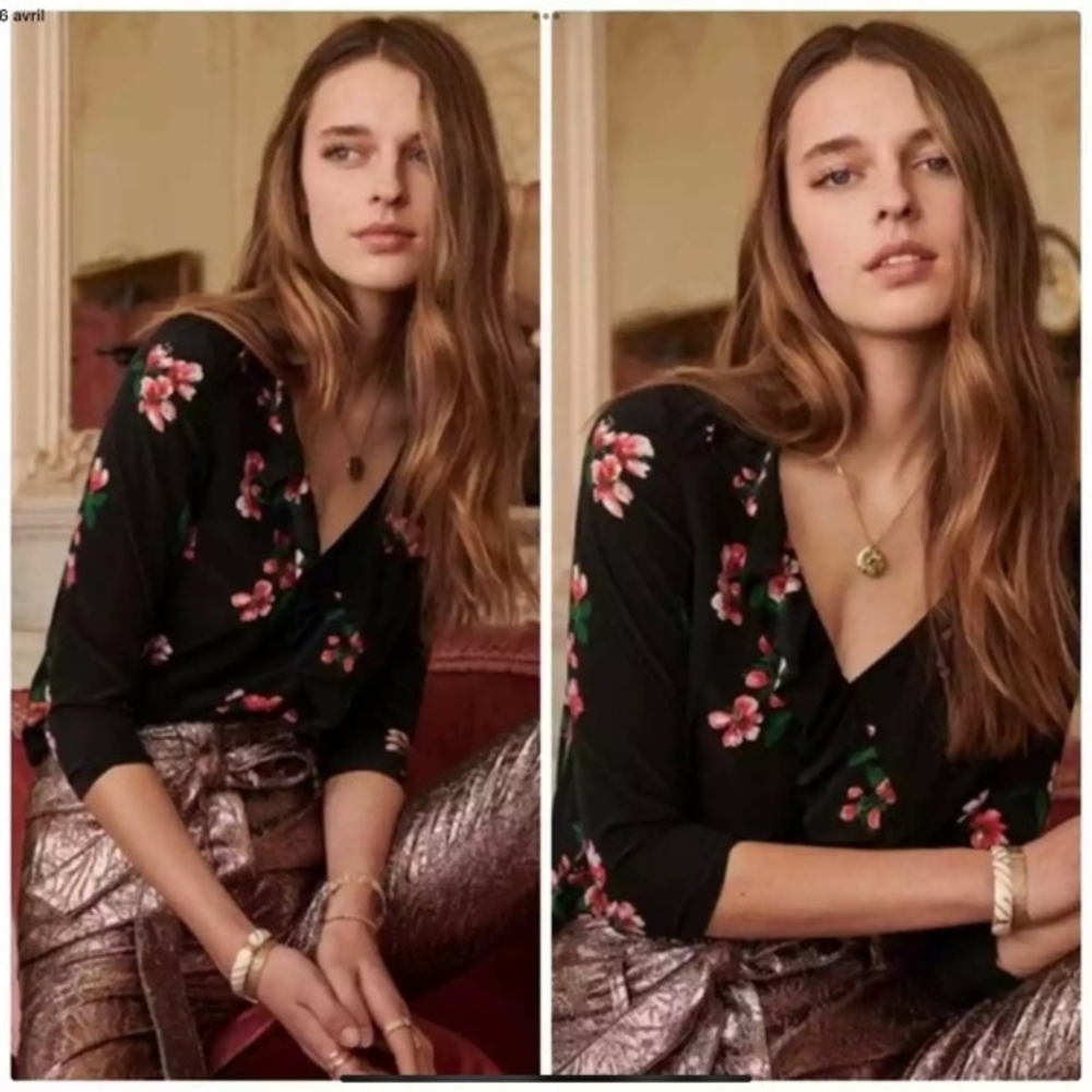 Sezane Black Floral Blouse